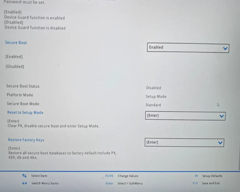 A close-up view of the Lenovo Legion BIOS Security settings, highlighting the 'Restore Factory Keys' option crucial for fixing the Secure Boot status.