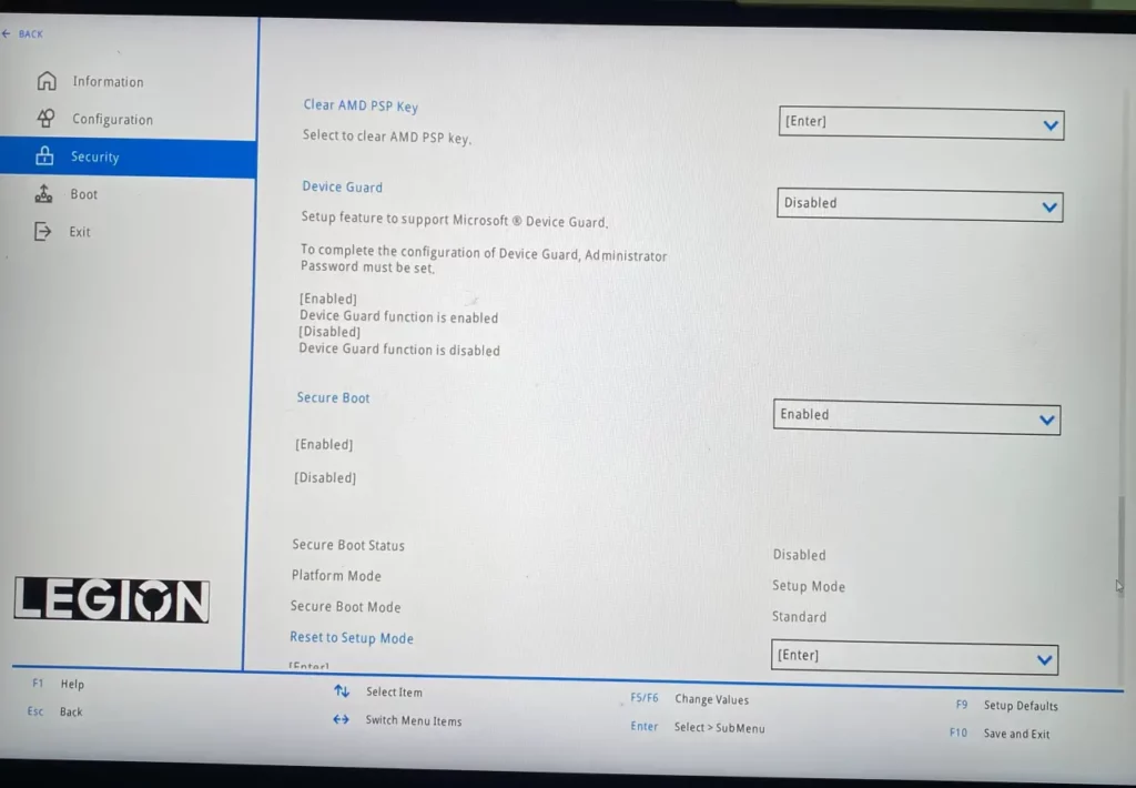 Lenovo Legion BIOS Security tab showing a common issue where 'Secure Boot' is set to Enabled, but the 'Secure Boot Status' still reads Disabled.