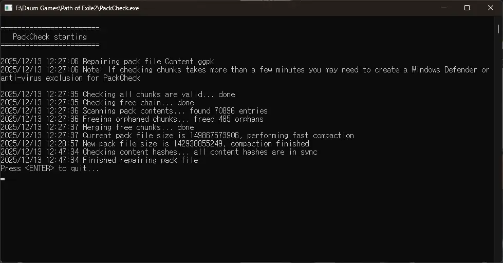 PackCheck file verification process completed successfully in command prompt