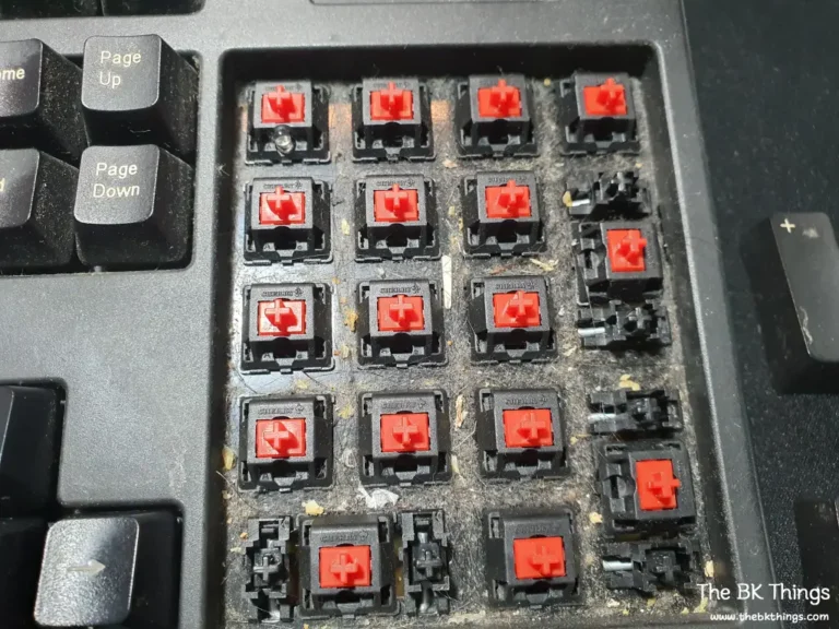 A shocking close-up of the numeric keypad area with keycaps removed, revealing a significant amount of dust, hair, and debris around the red mechanical switches.