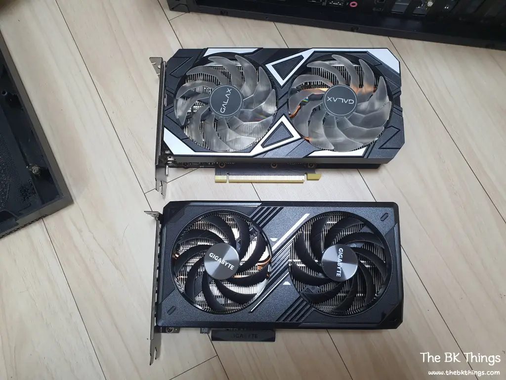 A side-by-side comparison of the Gigabyte RTX 5060 Windforce D7 and the previous RTX 3050 graphics card, highlighting the upgrade for QHD gaming and DLSS 4 performance