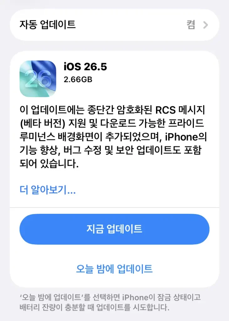 iOS 26.5 update on iPhone 11 showing 2.66GB download size, nearly 5x smaller than iPhone 17