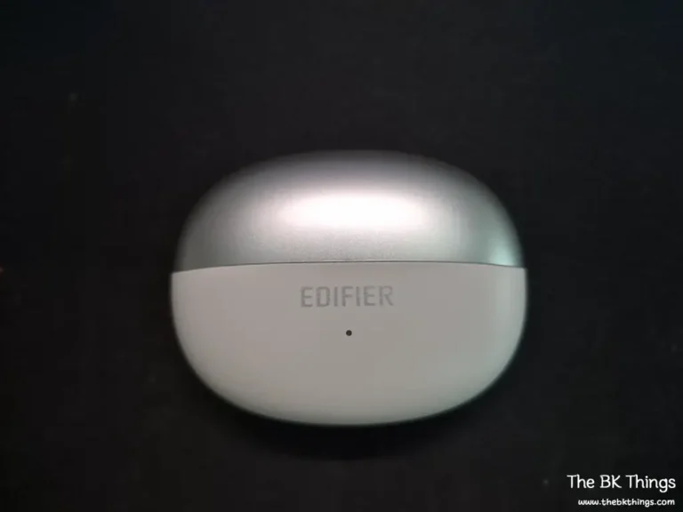 Edifier Comfo Bass charging case closed — white and silver two-tone design