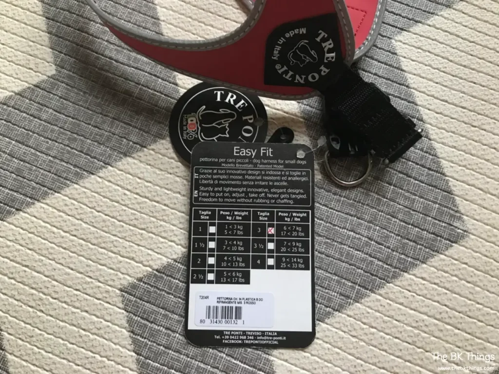 Tre Ponti Easy Fit harness tag with size chart